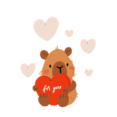 Cute Valentine Capybara Clipart Set. Loving Capybaras with Hearts, Gifts, and Romantic Elements, Adorable Flat Cartoon Vector Illustration, romantic kawaii animals with hearts for stickers and print