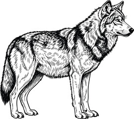 Black and White Detailed Hand-Drawn Engraving Style Sketch of a Standing Gray Wolf, Side Profile, Representing Strength, Wildness, Spirit, Predator, and Nature Vector Content