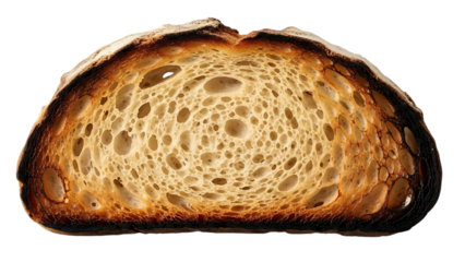 A detailed view of a slice of sourdough bread, showcasing its airy crumb and golden brown, slightly charred crust against a transport background.