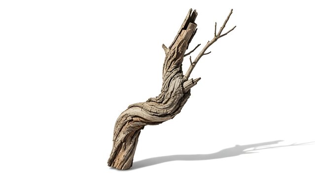 A gnarled and weathered dead tree trunk casting a shadow on a white background