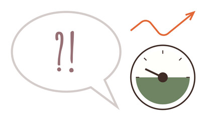 Speech bubble with question and exclamation marks, arrow indicating growth, gauge suggesting measurement. Ideal for motivation, decision-making, analytics, performance, growth, feedback simple flat
