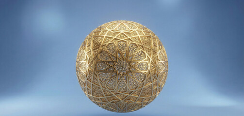 Hyper-detailed 3D golden Islamic geometric sphere floating