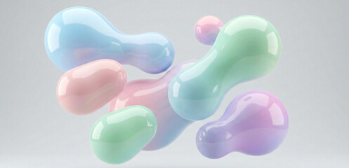 Glossy 3D liquid blobs floating in soft studio light