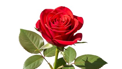 Close-up of a single vibrant red rose flower with a stem and leaves isolated on a white background