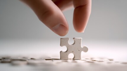 Hand placing final piece of puzzle symbolizing completion and success
