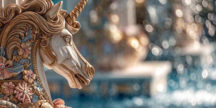 Close-up of ornate unicorn carousel with floral decorations