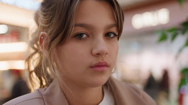 confident woman portrait, retail setting with determined lady, closeup of woman displaying strong resolve, young woman seated confidently in shopping mall environment capturing determination