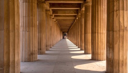 Colonnade vanishing point. Long corridor of weathered stone columns leading to a distant light source