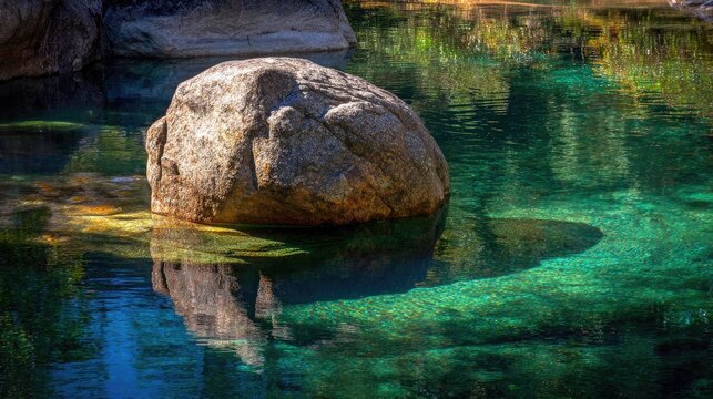 amphibole. A massive weathered boulder resting at the bottom of a clear, deep pool. travel magazines, destination branding, wall prints, designed for travel destination branding, used by teachers.