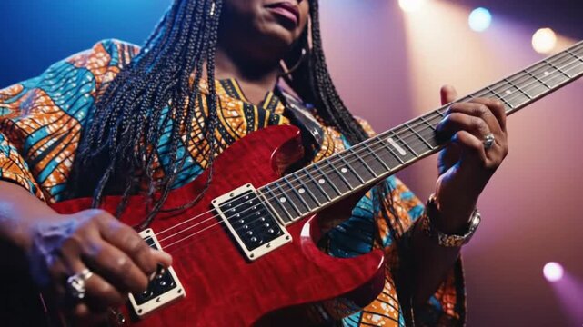 A person with braided hair plays a red electric guitar on stage wearing a vibrant patterned garment under purple and pink lighting