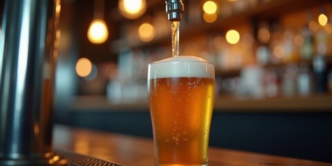 Fresh amber beer pouring with creamy foam in modern bar setting