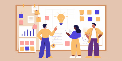 Diverse team brainstorming ideas on whiteboard with charts and sticky notes