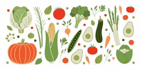 Flat vector illustration of fresh vegetables and fruits on white background