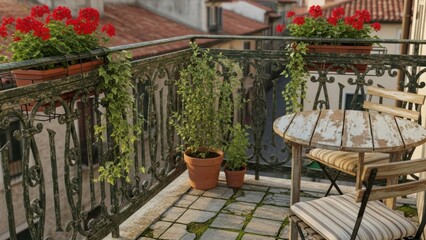 Charming balcony with red flowers and rustic furniture