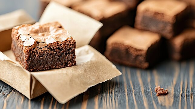 Close-up shot of a delicious brownie in a paper box on a wooden table. Several other brownies are in the background.