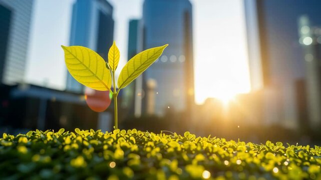 Young plant sprout sunlight urban city growth green leaf seedling nature circular economy initiative sustainability recycling environment waste renewable industry pollution ecology resource planet