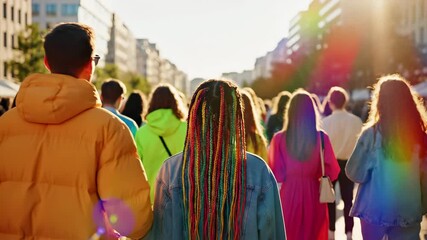 Diverse crowd walks together during pride parade in urban street. Community gathering celebrates equality, inclusion and lgbtq rights. Festival march with rainbow elements through city. Social - Powered by Adobe