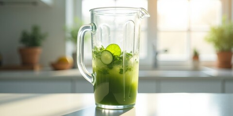 Green juice blend swirling in a transparent blender jar on a bright minimalist kitchen countertop