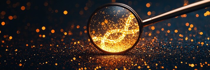 magnifying glass focus microscope concept Magnifying glass revealing sparkling lights on a dark background.