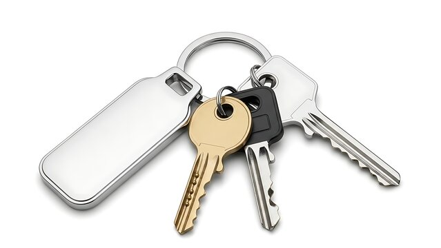 Close-up of a key ring with keys, a small gold key, and a silver USB drive