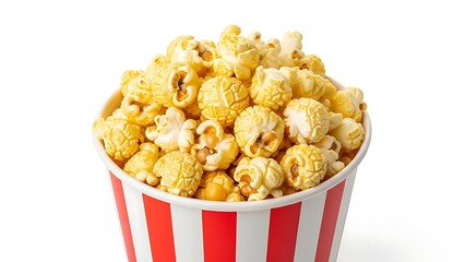 Delicious, buttery popcorn overflowing from a classic red and white striped bucket, ready to enjoy