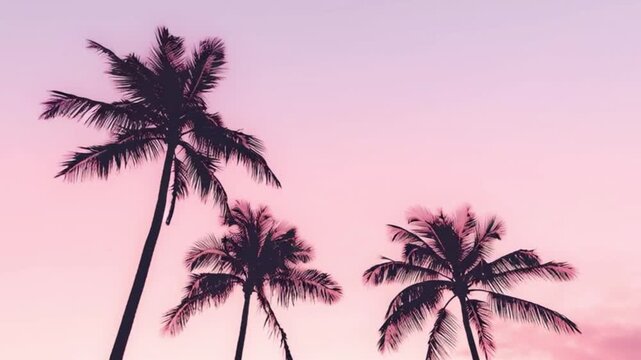 Palm tree silhouettes gently swaying during serene tropical sunset sky creating dreamy pastel atmosphere, peaceful summer vacation nature scene with soft pink horizon glow and relaxing coastal paradis