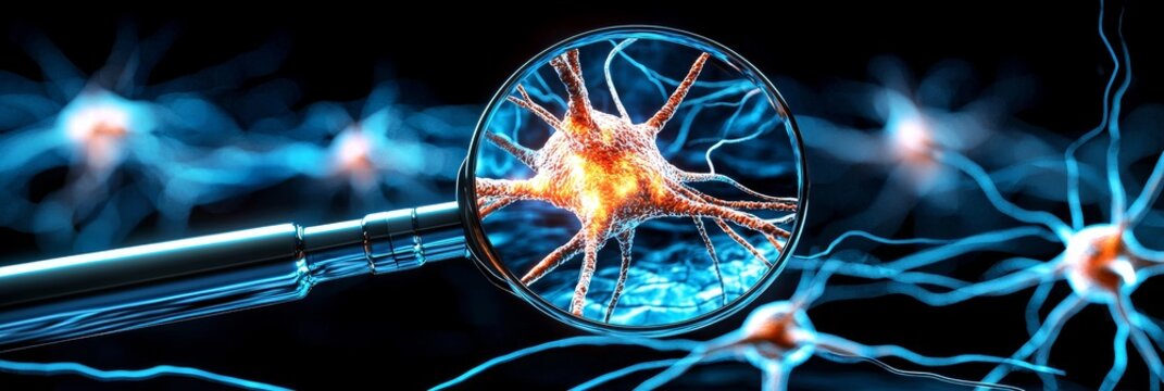 magnifying glass focus microscope concept Magnified view of neurons and synapses in blue tones. - Powered by Adobe