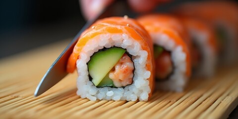 Close-up of crab sushi roll being cut on bamboo mat with avocado and cucumber filling