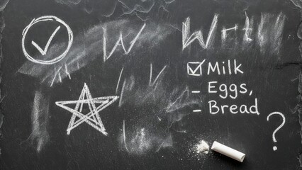 Blackboard with a shopping list and various chalk drawings