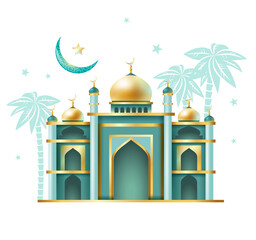 Elegant Ramadan illustration of mosque palms and moon