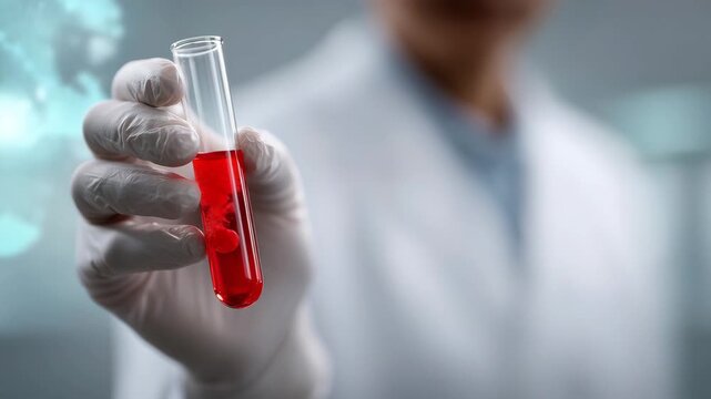 4k Close-up shot of a scientist&rsquo;s hand wearing a white latex glove carefully holding a test tube filled with red liquid (blood sample). The hand is raised slightly toward the center