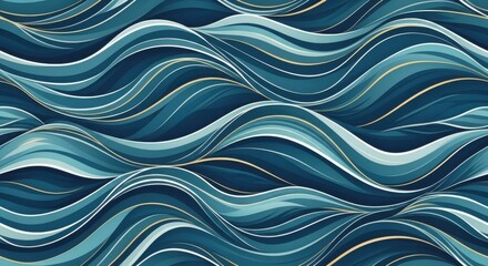 Fototapeta premium Elegant Blue Ocean Waves with Golden Shimmer Pattern