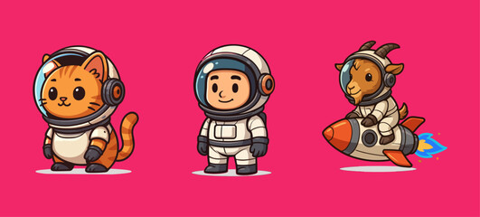 Cute Space Explorers Characters, Human, Cat, Goat on astronaut suit icon logo flat vector design