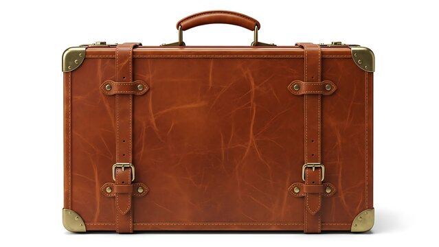 Classic leather travel suitcase, vintage style luggage with brass details, isolated