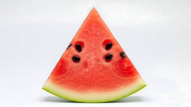 Refreshing triangular slice of ripe red watermelon with visible black seeds against a pristine white background