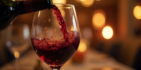 Close-up of red wine being poured into a glass with glowing droplets and warm light reflections in elegant dining setting
