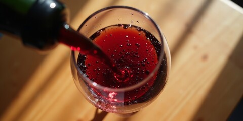 Top view of red wine being poured into glass with droplets and reflections on wooden table in natural daylight