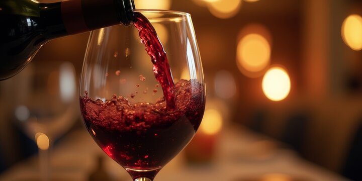 Close-up of red wine being poured into a glass with glowing droplets and warm light reflections in elegant dining setting - Powered by Adobe
