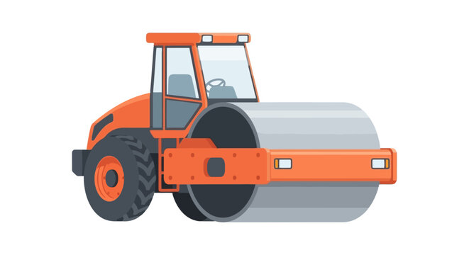 Vibrant orange road roller heavy construction vehicle illustration on white background