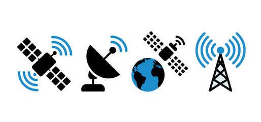A collection of icons representing satellite communication, earth, and broadcasting towers, symbolizing global connectivity and technology.