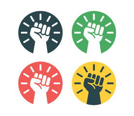 Four colorful circular icons depict a raised fist symbolizing protest, power, and solidarity.