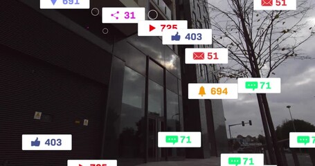 Purple badge appearing, sparking alert badges grouping, pulsing, rising up facade to show interest