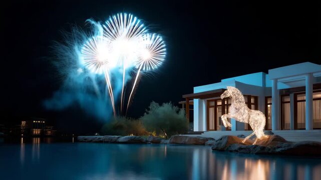 4k Festive night scene featuring a luxury villa with a swimming pool, illuminated by bright fireworks in the sky and a glowing horse sculpture made of lights near the water. The compo