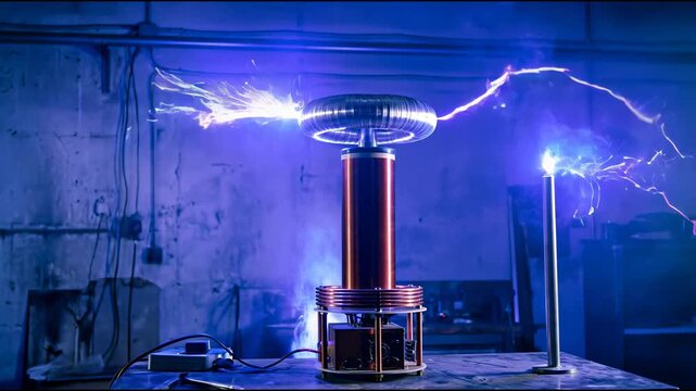 Bright violet-blue arcs burst from the Tesla coil and reach toward the metal rod opposite it, forming an electrical arc that intensifies as the voltage stabilizes