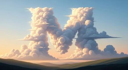 Majestic cloud formation shaped like the letter M against a serene sky with a soft sunset glow over a hazy landscape.