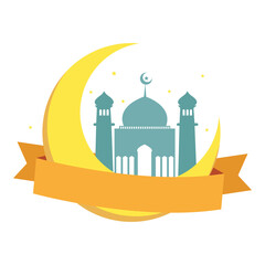 Islamic celebration template with mosque moon stars and banner