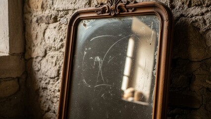 Distressed vintage mirror leans against rustic stone wall
