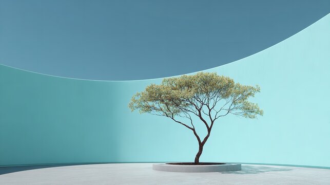 A serene tree standing alone in an arc shaped space evokes feelings of peace and solitude with soft pastel palette and