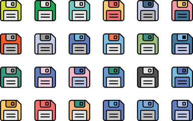 Collection of colorful floppy disk icons in a grid
