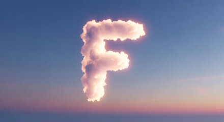 A fluffy white cloud shaped like the letter F floats in a clear blue sky with a soft gradient of pink and orange at the horizon.